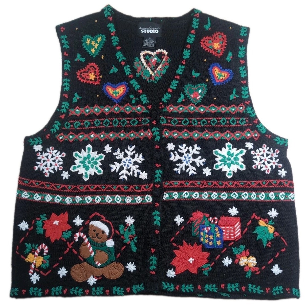 Designers Originals Studio Christmas Sweater Vest Womens XL Snowflake Holly
